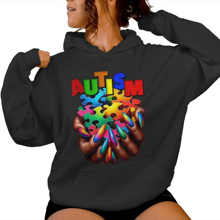 Autism Awareness Hand Black Woman Autism Mom Puzzle Piece Women Hoodie