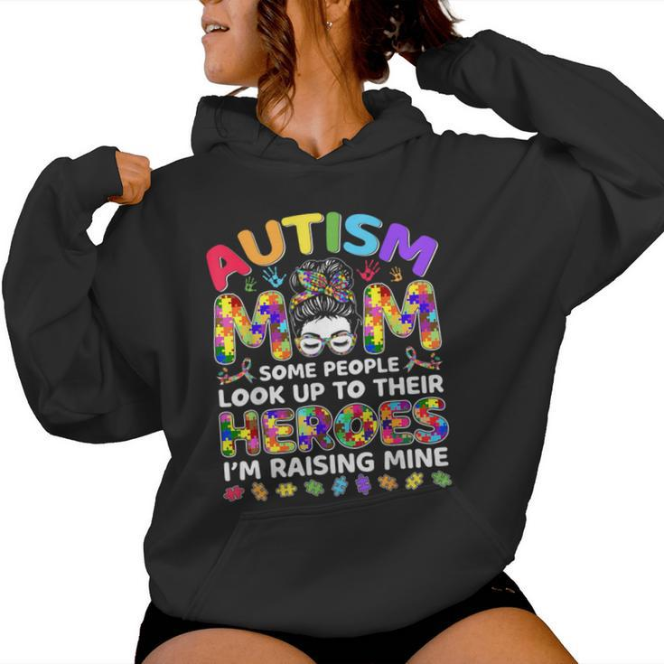 Autism Mom Raising Hero Messy Bun Autism Awareness Women Hoodie