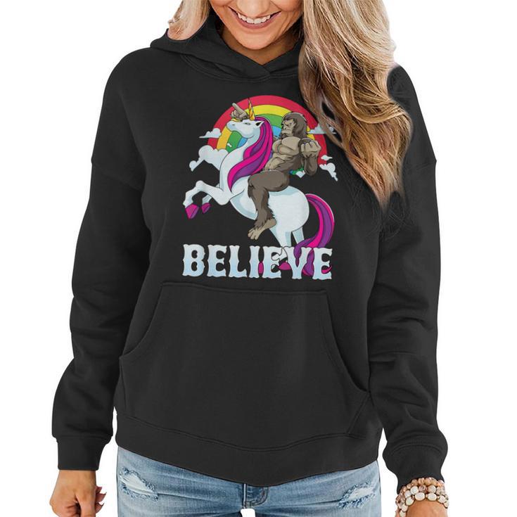 Bigfoot Riding Unicorn Rainbow Sasquatch Believe Women Hoodie