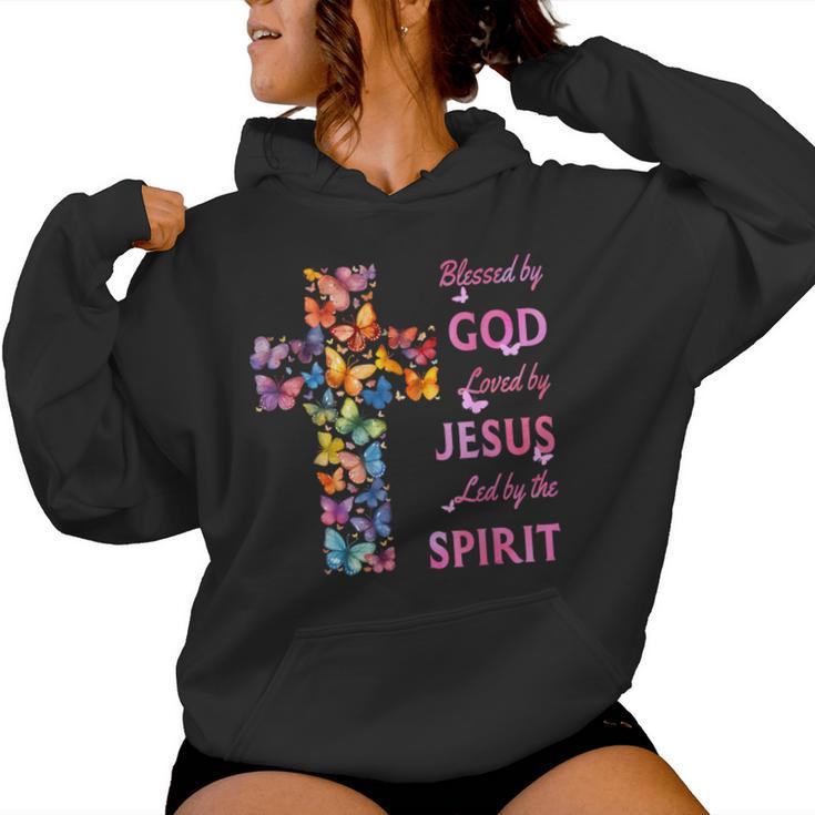 Blessed By God Loved By Jesus Butterfly Cross Women Hoodie