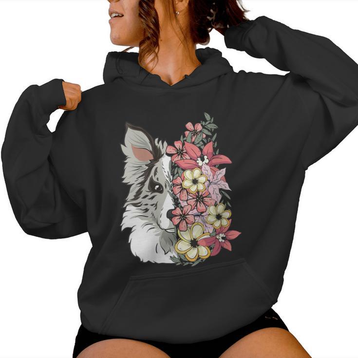 Border Collie Blue Merle Con Flores Cuello Sudadera con capucha para mujer