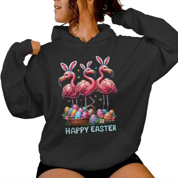 Cute Flamingo With Easter Bunny Egg Basket Happy Easter Women Hoodie