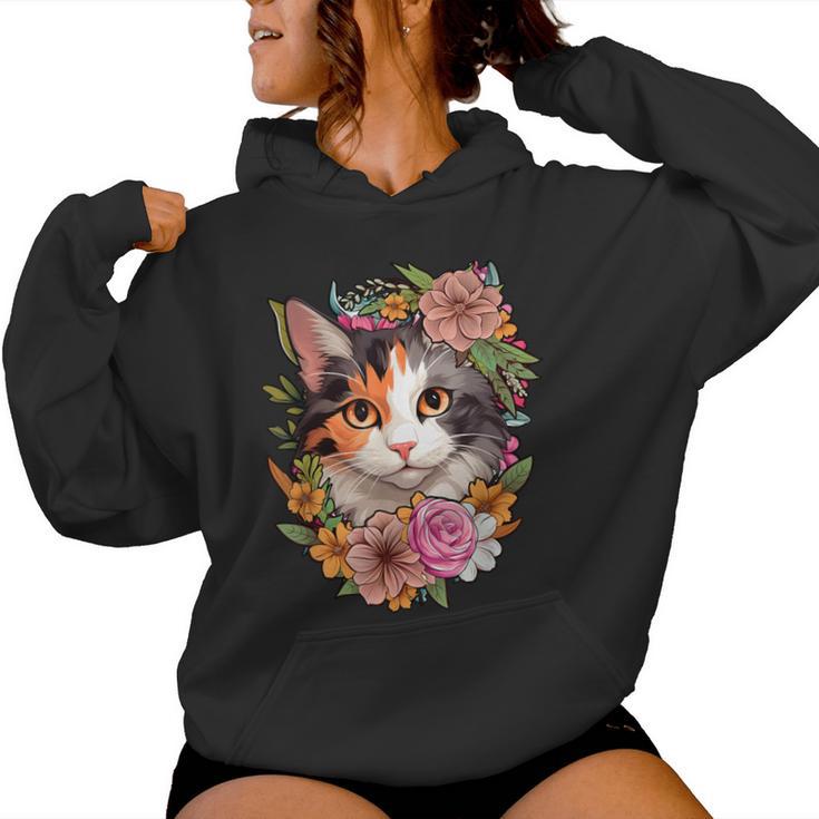 Cute Floral Calico Cat Women Hoodie