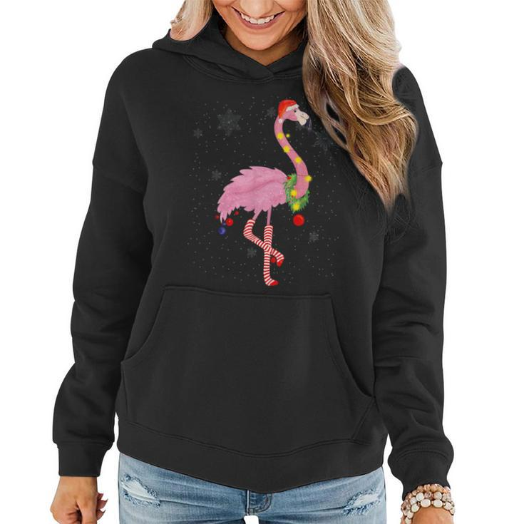 Cute Pink Flamingo With Snow Lights And Santa Hat Christmas Women Hoodie
