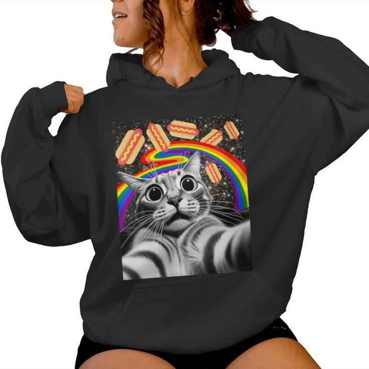 Graphic Rainbow Hotdog Ufos Cosmic Space Selfie Cat Women Hoodie