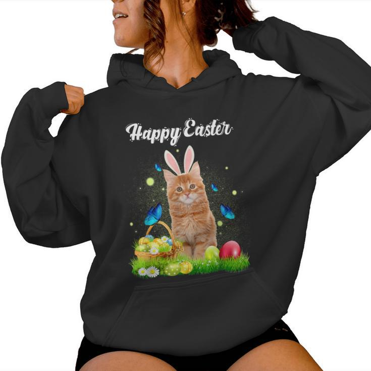 Happy Easter Day Bunny Cat Eggs Basket Cat Lover Women Hoodie