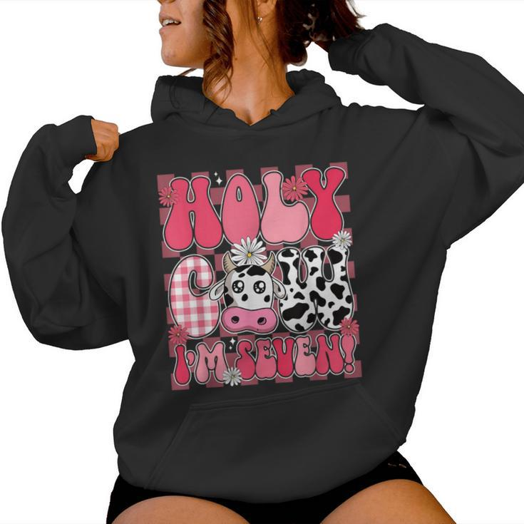 Holy Cow I'm Seven 7 Years Old 7Th Birthday Girl Groovy Women Hoodie