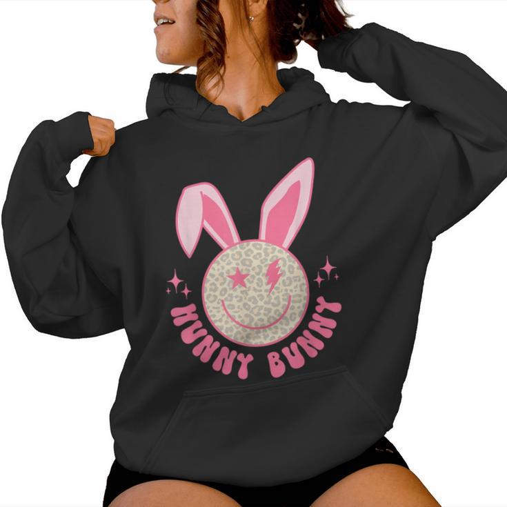 Hunny Bunny Retro Groovy Easter Leopard Smile Face Rabbit Women Hoodie