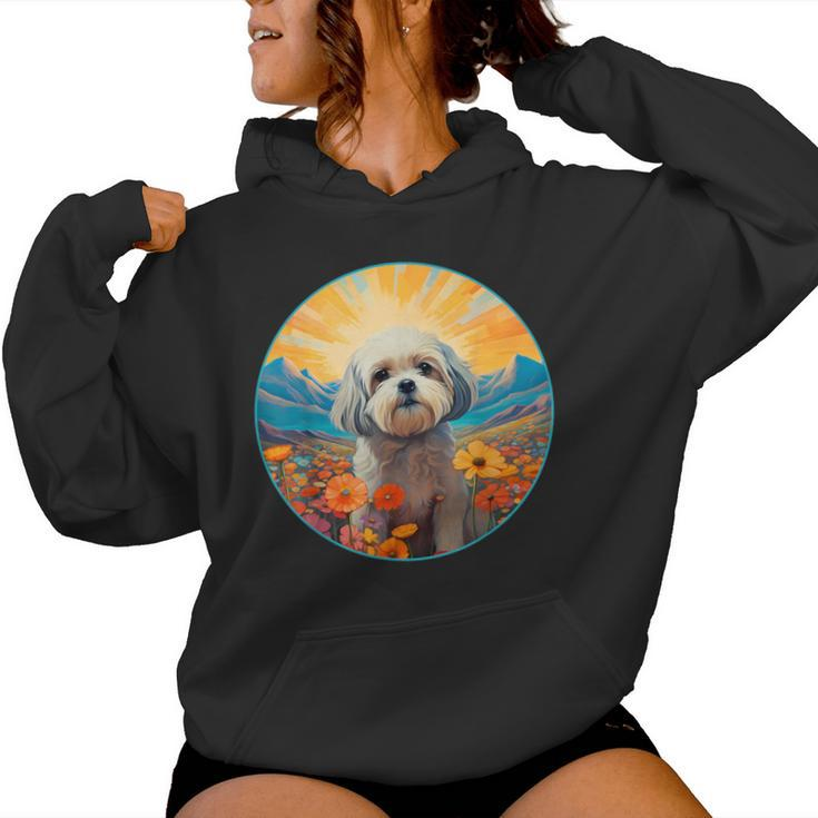 Lhasa Apso Puppy Dog Cute Flower Mountain Sunset Colorful Women Hoodie