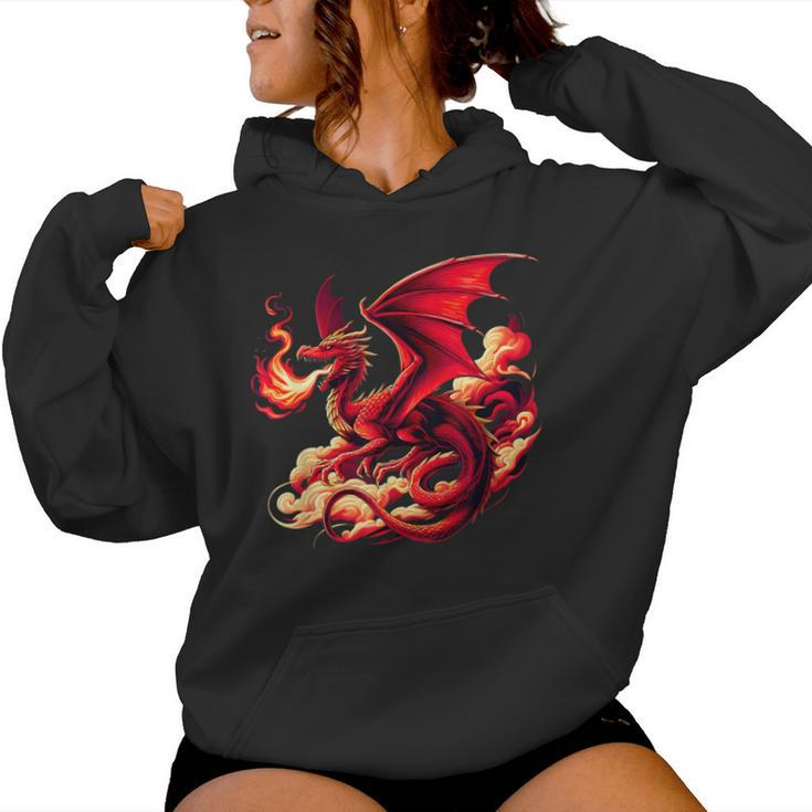 Mythical Red Dragon Breathes Fire On Clouds Boy Girl Dragon Women Hoodie
