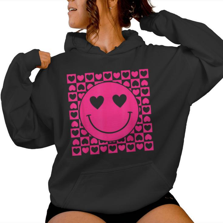 Pink Smile Face Heart Eyes Groovy Heart Valentine's Day Women Hoodie