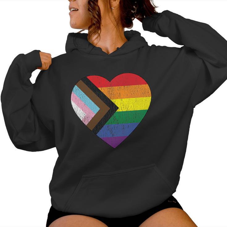 Progress Pride Flag Vintage Rainbow Heart Love Lgbt Pocket Women Hoodie