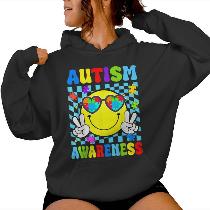 Retro Groovy Autism Awareness Hippie Smile Face Boy Girl Kid Women Hoodie