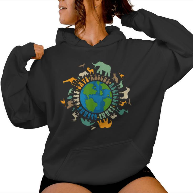 Retro Groovy Save Bees Rescue Animals Recycle Fun Earth Day Women Hoodie