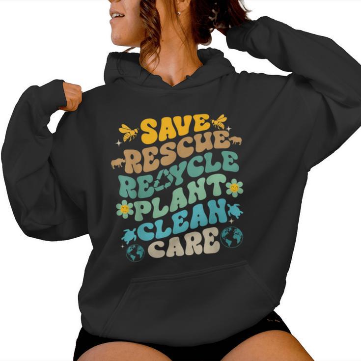 Retro Groovy Save Bees Rescue Animals Recycle Fun Earth Day Women Hoodie