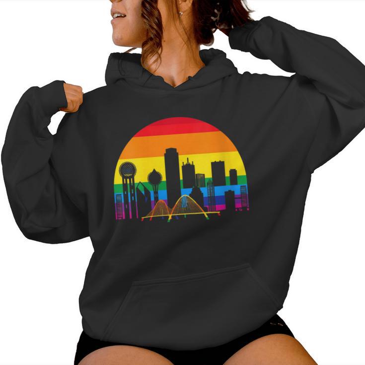 Retro Lgbt Rainbow Dallas Skyline Lesbian Gay Pride Women Hoodie