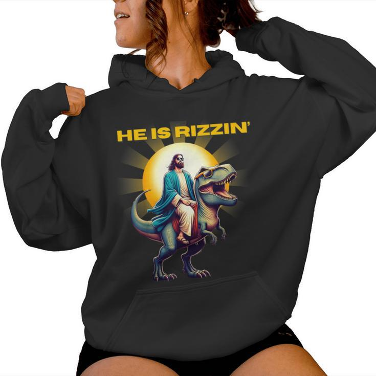 He Is Rizzen Jesus Has Rizzen Retro Christian Dinosaur Women Hoodie