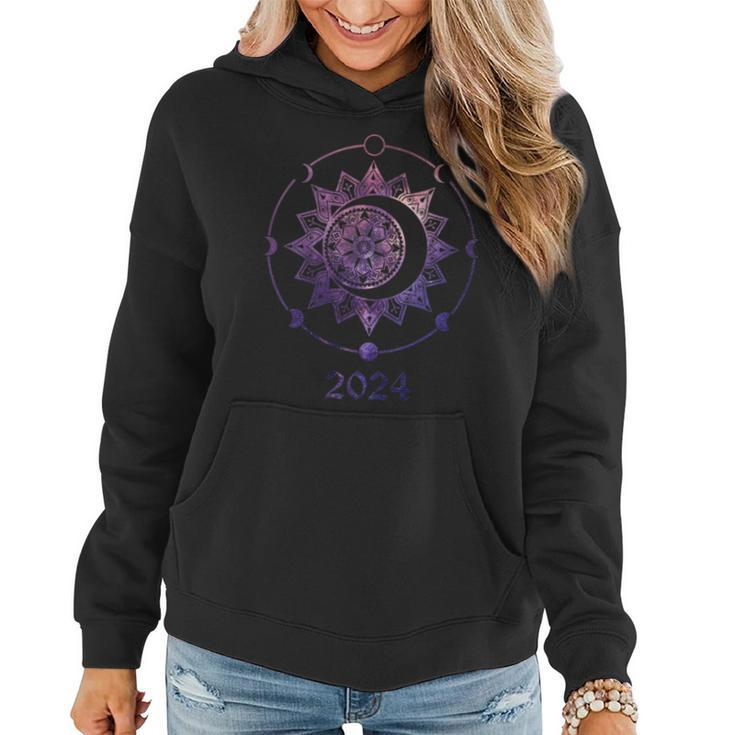 Sun And Moon Total Eclipse 2024 Mandala Tapestry Moon Phases Women Hoodie