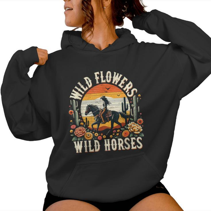 Sunset Cowgirl Riding Horse Wild Flowers Wild Horses Women Hoodie