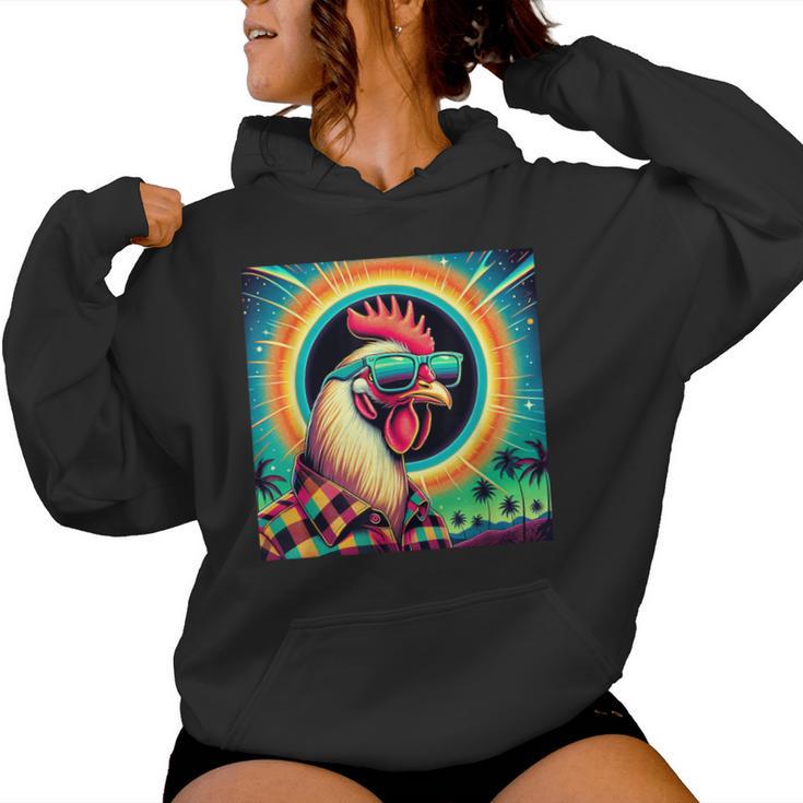 Total Solar Eclipse 2024 Vintage 80S 90S Chicken Graphic Women Hoodie