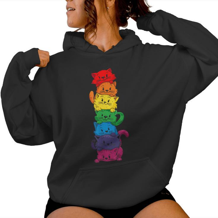 Vintage Lgbt Cat Stack Rainbow Gay Pride For Cat Lover Women Hoodie