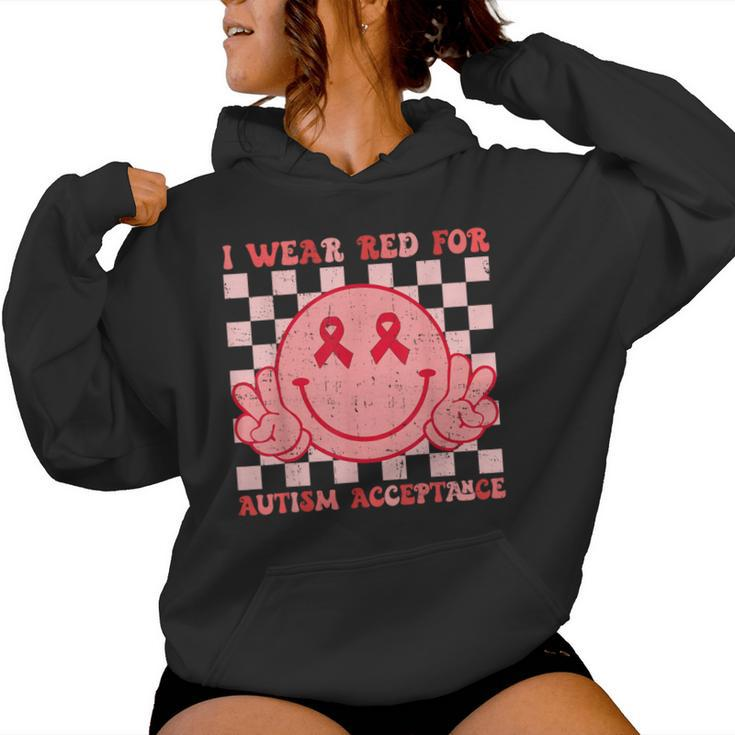 I Wear Red For Instead Autism-Acceptance Groovy Smile Face Women Hoodie