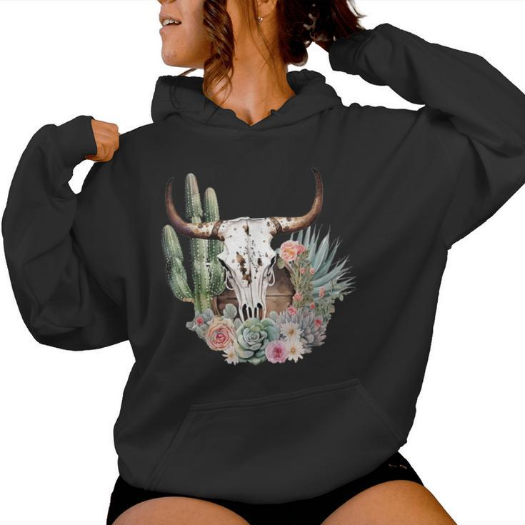 Western Boho Chic Longhorn Bull Skull Cactus Beige Pattern Women Hoodie