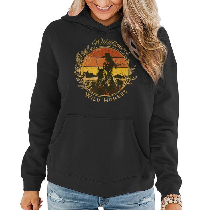 Wild Flowers And Wild Horses Vintage Sunset Country Cowgirl Women Hoodie