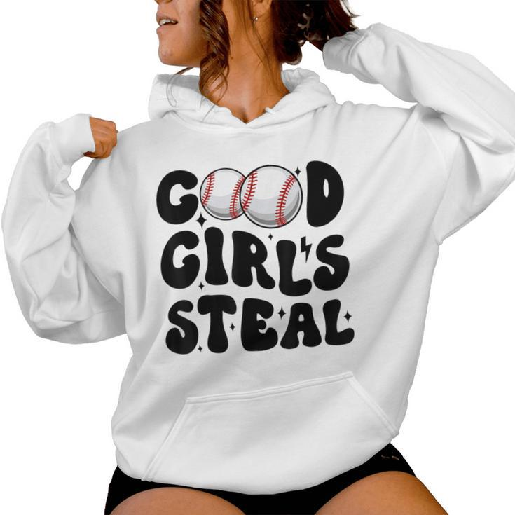 Good Girls Steal Groovy Retro Baseball Woman Girl Softball Women Hoodie