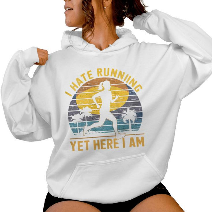 I Hate Running Yet Here I Am Vintage Sunset Running Marathon Women Hoodie