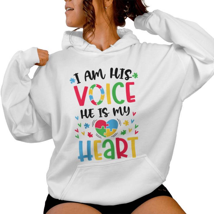 Ich Bin Seine Stimme Er Ist Mein Herz Autismusbewusstsein Asd Mama Papa Raglan Kapuzenpullover für Damen