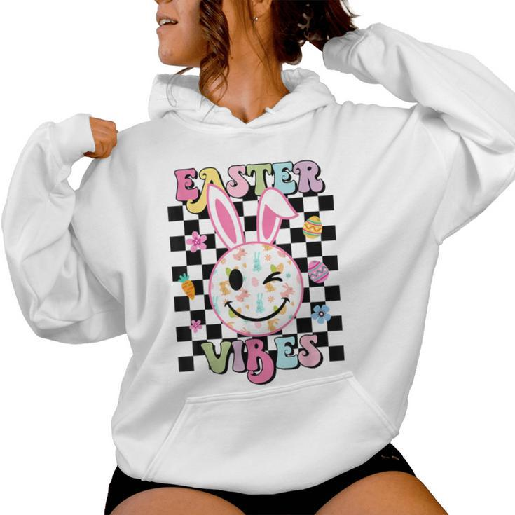 Retro Groovy Easter Vibes Bunny Rabbit Smile Face Women Hoodie