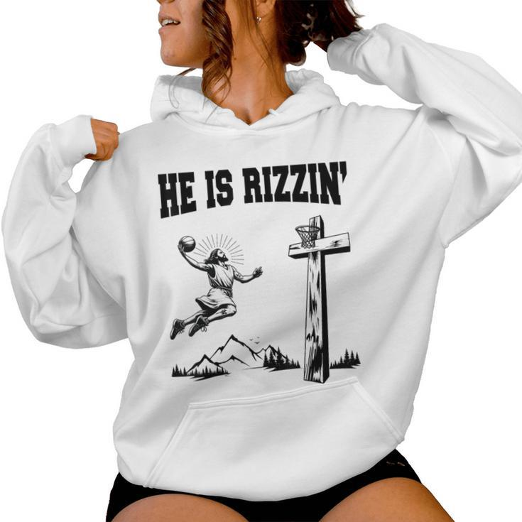 He Is Rizzin Meme Basketball Retro Christian Cross Religious Women Hoodie