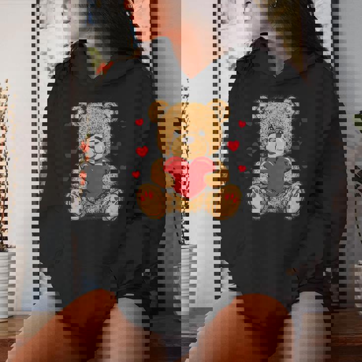 Adorable Osito De Peluche Con Corazón- Peluche De Amor Cuello Sudadera con capucha para mujer Regalos para ella