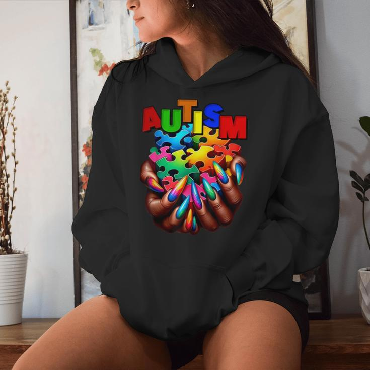 Autism Awareness Hand Black Woman Autism Mom Puzzle Piece Women Hoodie Gifts for Her