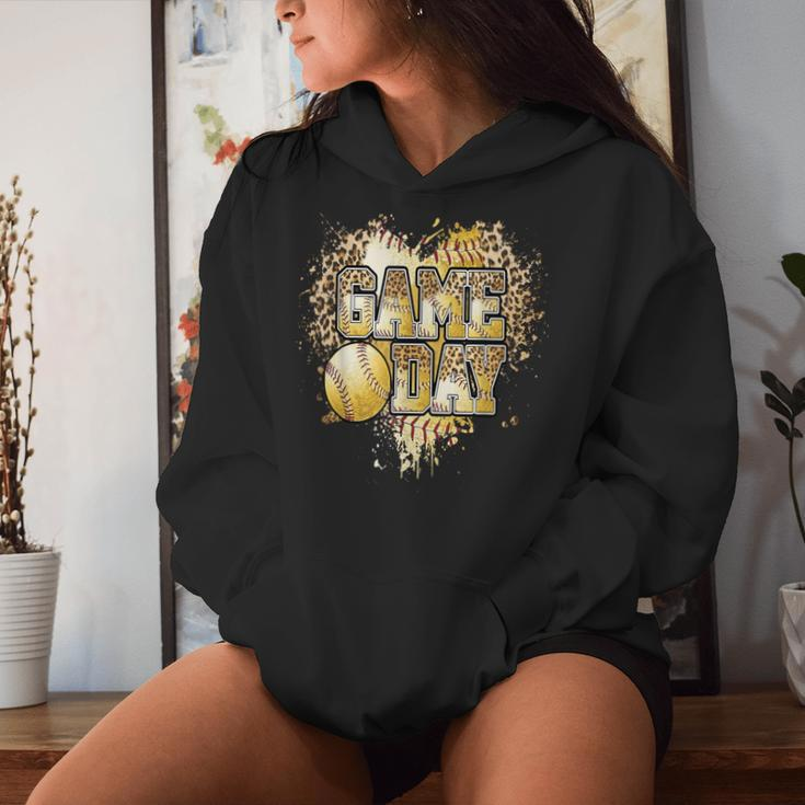 Bleached Softball Game Day Vibes Leopard Heart Headband Mom Women Hoodie Gifts for Her