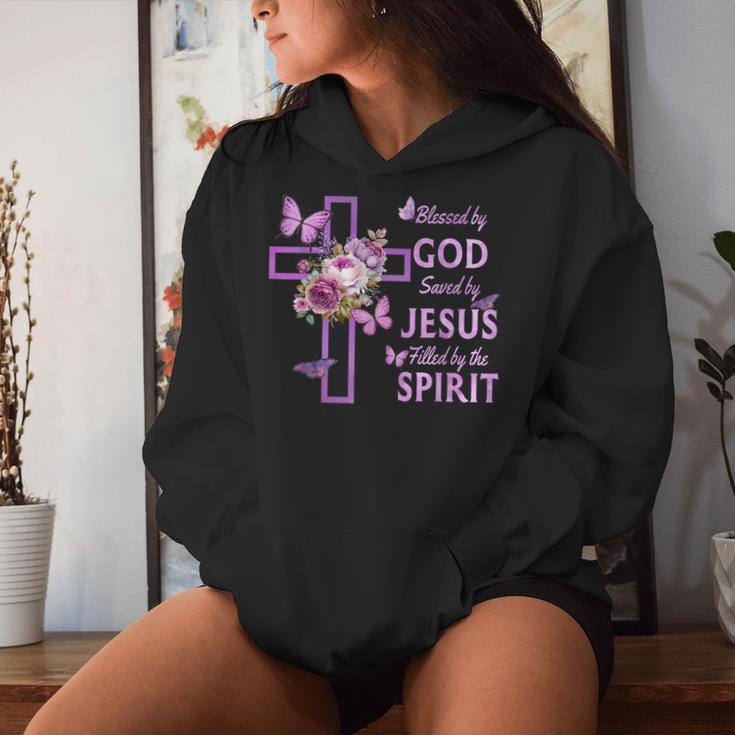 Blessed By God Saved By Jesus Purple Floral Cross Christian Women Hoodie Gifts for Her