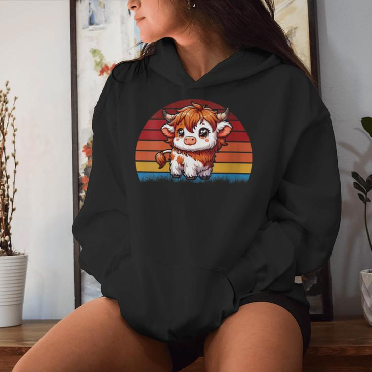 Cute Baby Highland Cow With Vintage Sunset Animal Cow Women Women Hoodie Gifts for Her