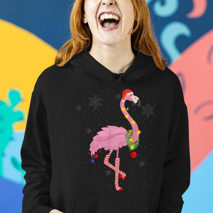 Cute Pink Flamingo With Snow Lights And Santa Hat Christmas Women Hoodie Gifts for Her