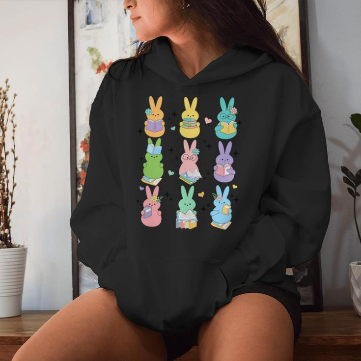 Cute Teacher Bunny Reading Book Outfit Happy Easter Teacher Women Hoodie Gifts for Her