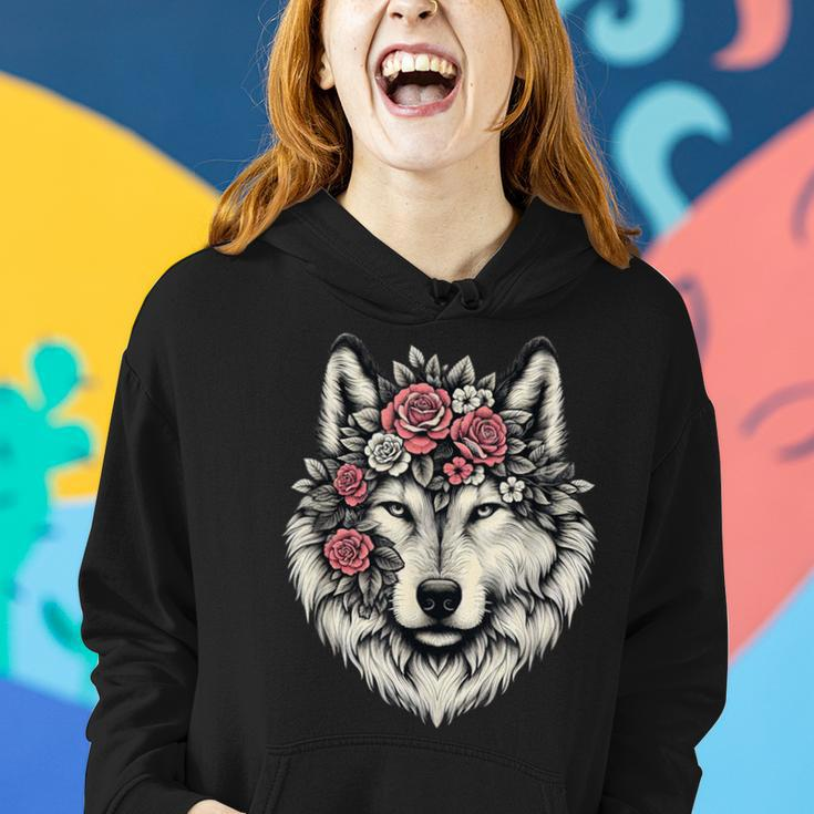 Floral Wolf Animal Cute Botanical Wolf Flowers Wolf Lovers Women Hoodie Gifts for Her