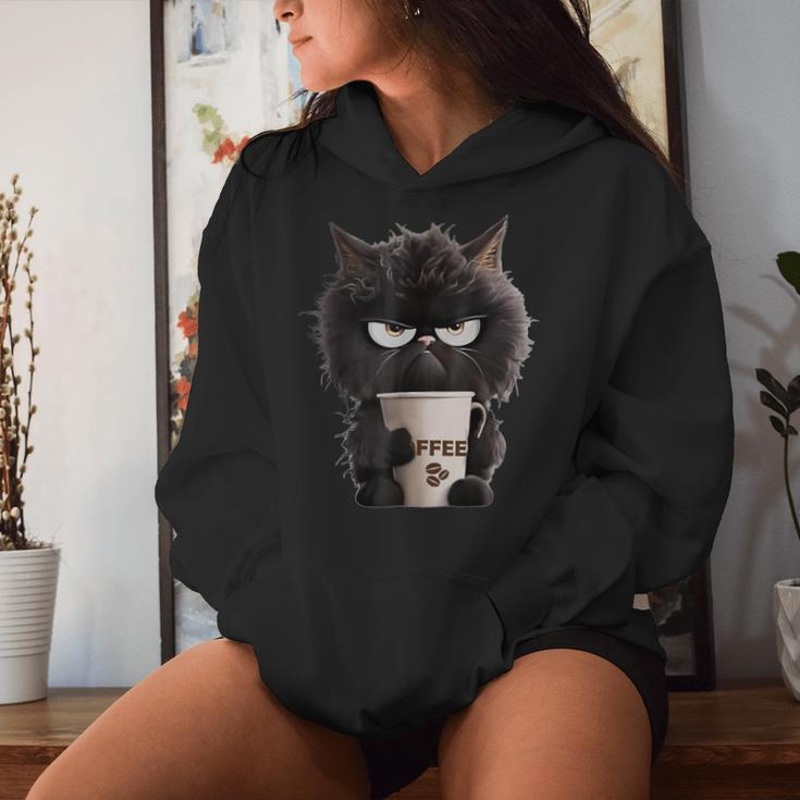 Angry Black Cat Drinking Coffee Loves Coffee Pet Women Hoodie Gifts for Her