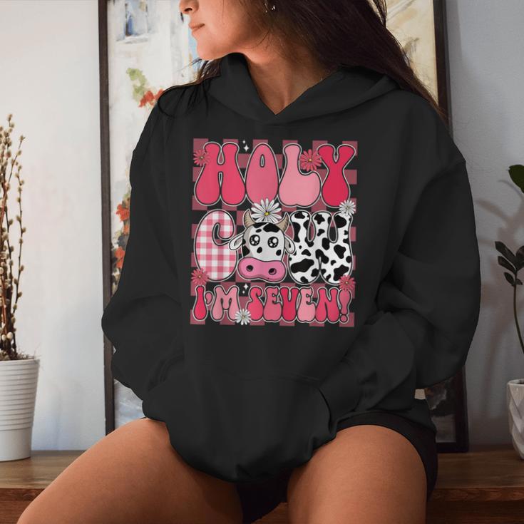 Holy Cow I'm Seven 7 Years Old 7Th Birthday Girl Groovy Women Hoodie Gifts for Her