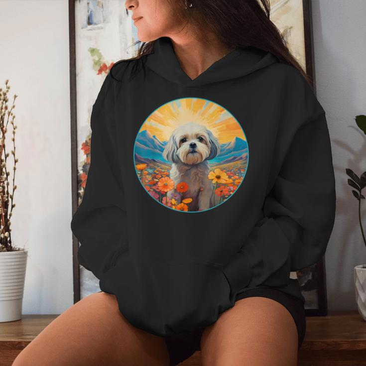 Lhasa Apso Puppy Dog Cute Flower Mountain Sunset Colorful Women Hoodie Gifts for Her