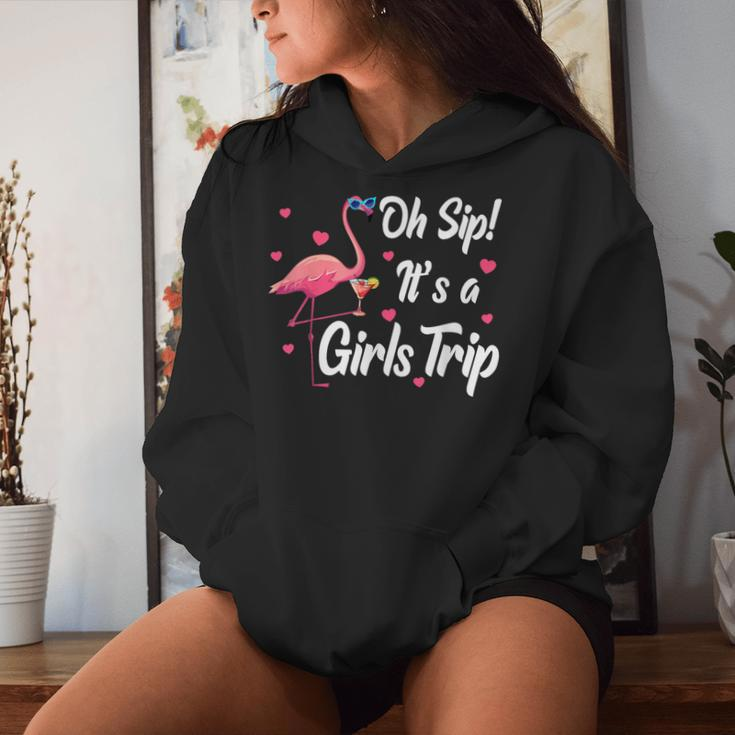 Oh Sip It's A Girls Trip Pink Flamingo Girl Wine Party Women Hoodie Gifts for Her