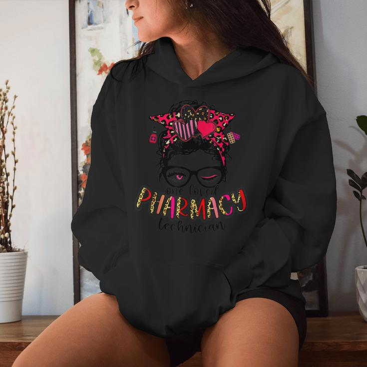 Pharmacy Technician Nurse Leopard Messy Bun Valentines Day Women Hoodie Gifts for Her