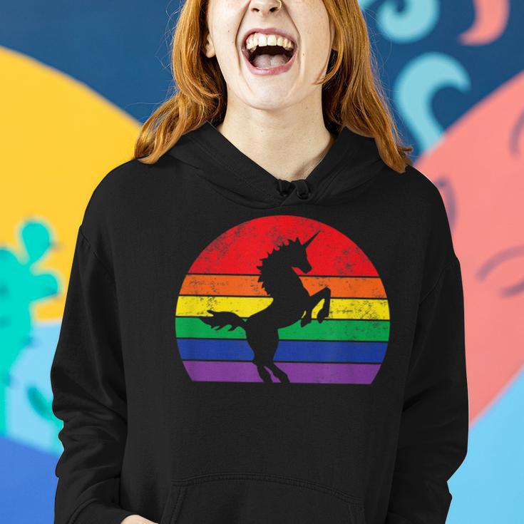 Rainbow Unicorn Striped Sunrise Distressed Relaxed Women Hoodie Gifts for Her