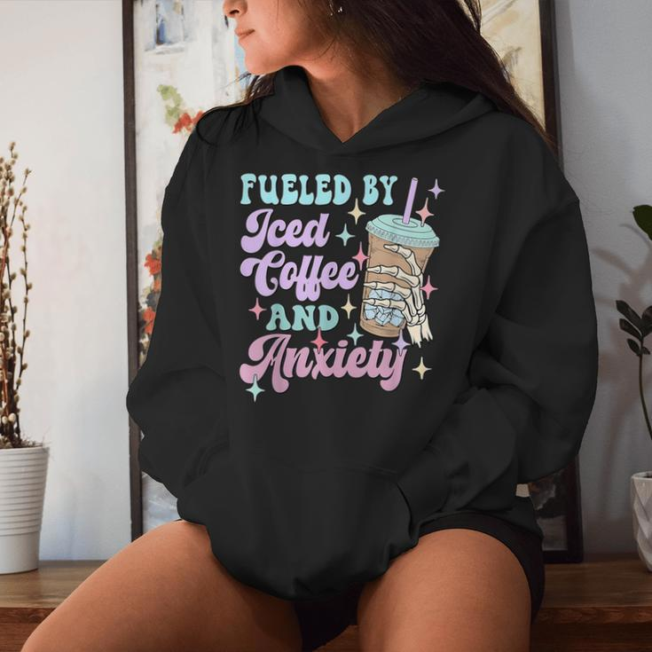 Retro Groovy Coffee Fueled By Iced Coffee And Anxiety Women Hoodie Gifts for Her