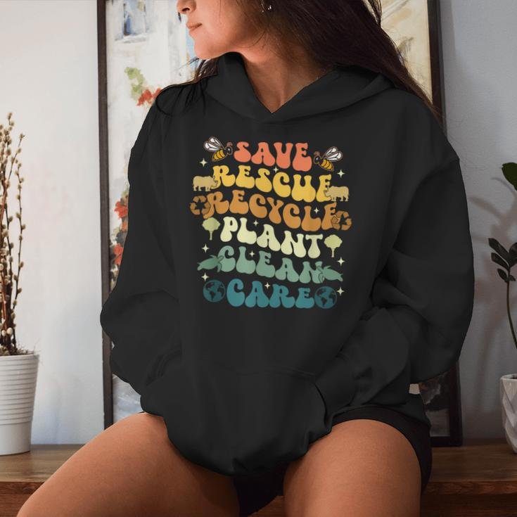 Retro Groovy Save Bees Rescue Animals Recycle Earth Day 2024 Women Hoodie Gifts for Her