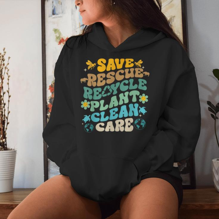 Retro Groovy Save Bees Rescue Animals Recycle Fun Earth Day Women Hoodie Gifts for Her